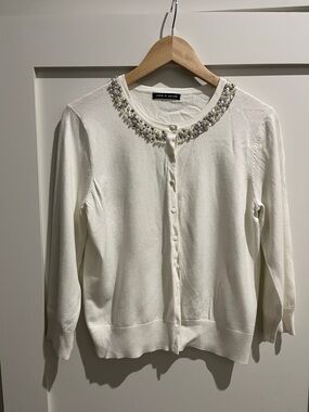 Cable & Gauge Embellished White Cardigan Sweater